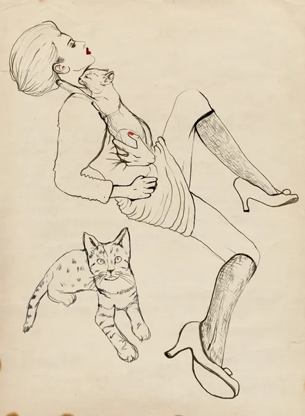 Dijital çizim: kedi ve bir kadın — Stok fotoğraf