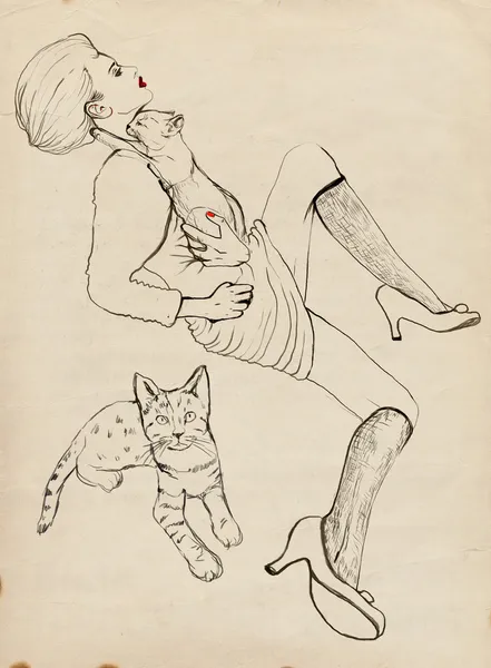 Dessin numérique : Une femme et des chats — Photo