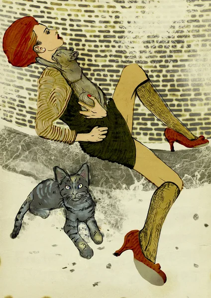 Digital Painting: An woman and Cats — Stock Photo, Image