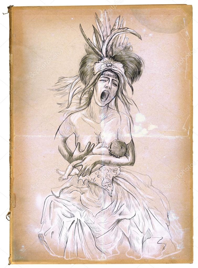 Madonna and Child. Hand drawn illustration.