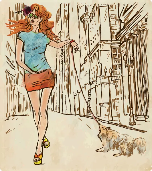 Une femme dans la rue. Vecteur dessiné à la main . — Image vectorielle