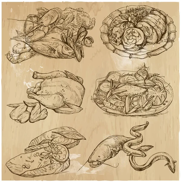 Alimentación alrededor del mundo, conjunto de vectores dibujados a mano — Vector de stock