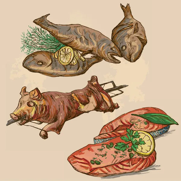 Makanan di seluruh dunia, tangan digambar dan berwarna vektor Stok Ilustrasi 