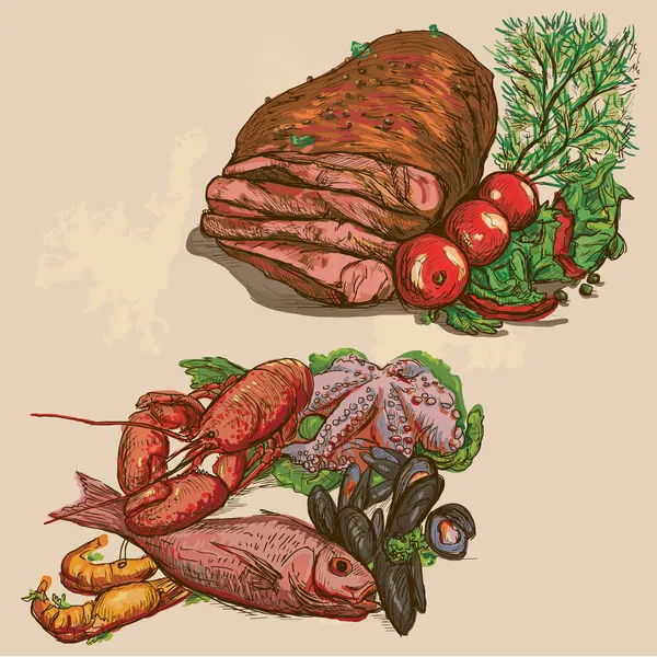 Makanan di seluruh dunia, tangan digambar dan berwarna vektor Stok Ilustrasi 