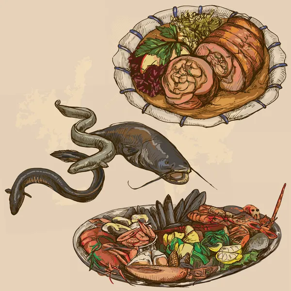 Makanan di seluruh dunia, tangan digambar dan berwarna vektor Stok Ilustrasi Bebas Royalti