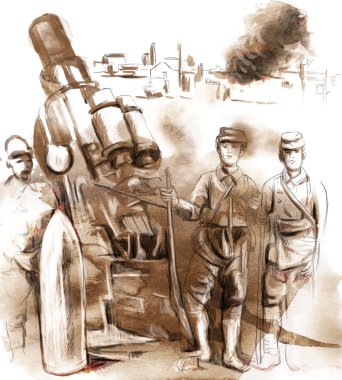 büyük bir topla (havan topu önünde poz askerler)