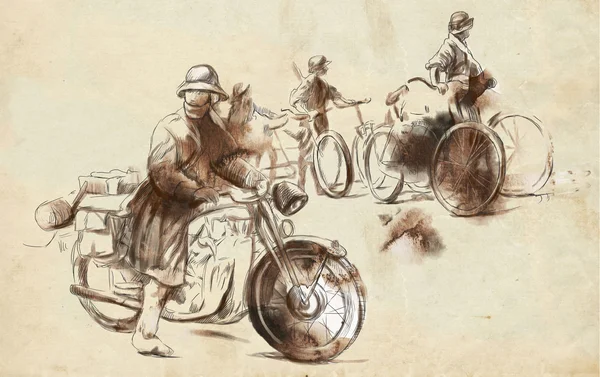 Żołnierze na rowery i żołnierz na motorze — Zdjęcie stockowe