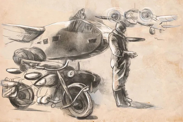 В аеропорту - солдат на мотоциклі між літаками — стокове фото