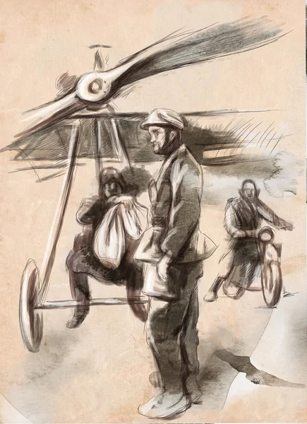 stock image At the airport - Postal plane with a pilot and soldier