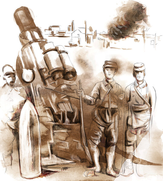 Солдаты позируют перед большим гаубицей (миномёт)
)