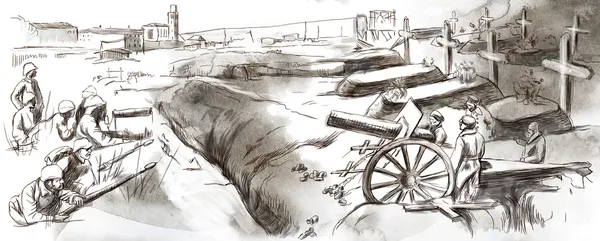 A luta nas trincheiras - ilustração desenhada à mão — Fotografia de Stock