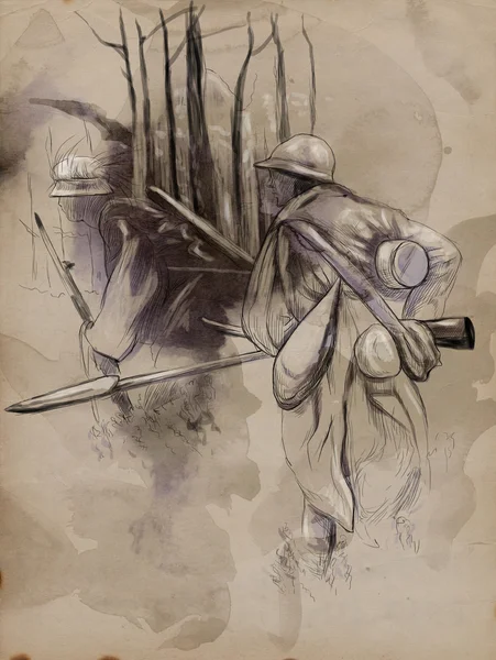 Voják s puškou v lese - ručně nakreslený obrázek — Stock fotografie