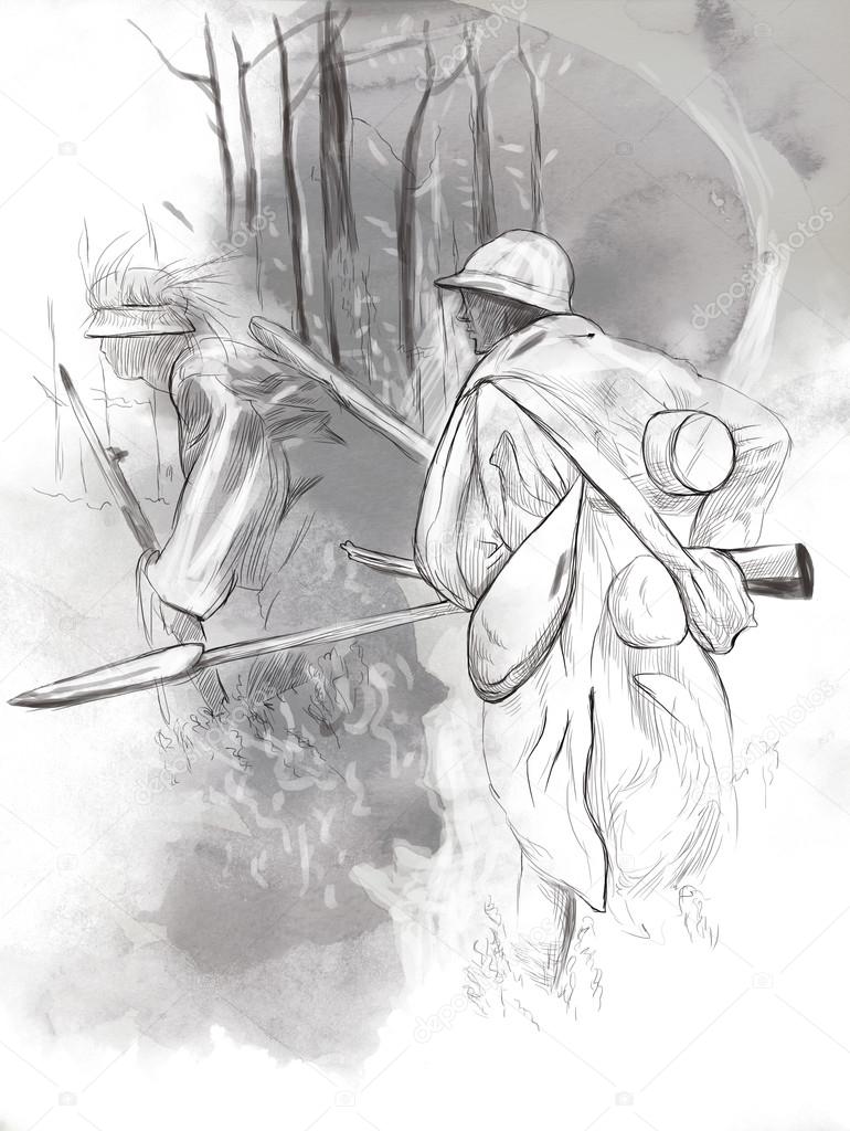 Soldier with a rifle in the woods - Hand drawn picture