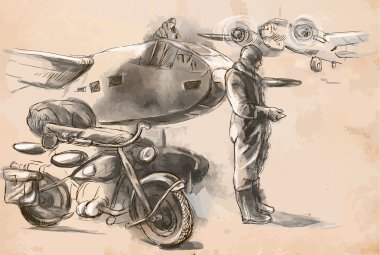 Havaalanında - bir askeri uçak arasında bir motosiklet. VEC