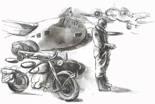 À l'aéroport - un soldat sur une moto entre deux avions. Végétaux — Image vectorielle