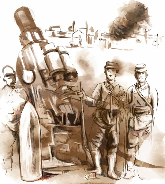 Soldados posando na frente de um grande Howitzer (Argamassa). Vetor . —  Vetores de Stock