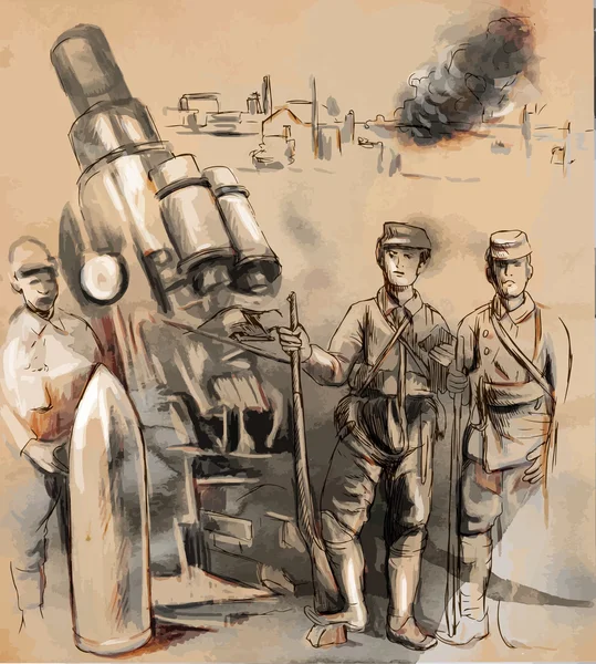 大規模な榴弾砲 （モルタル） の前でポーズの兵士。ベクトル. — ストックベクタ
