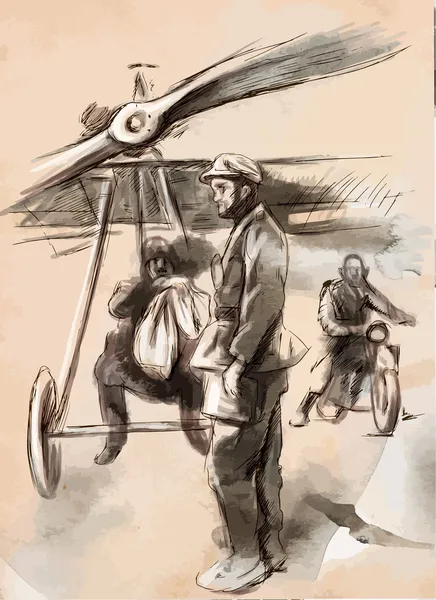 В аэропорту - Почтовый самолет с летчиком и солдатом. Вектор . — стоковый вектор
