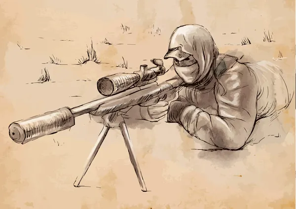 Sniper (shooter) - hand dras vektor — Stock vektor