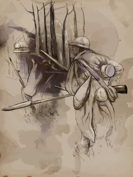 Voják s puškou v lese - ručně kreslenou vektorové — Stockový vektor