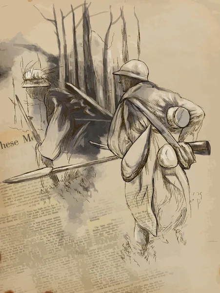 Voják s puškou v lese - ručně kreslenou vektorové — Stockový vektor