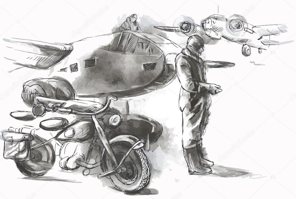 At the airport - a soldier on a motorcycle between aircraft. Vec