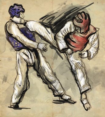 Tae-kwon musunuz. bir tam boyutlu el illüstrasyon eski kağıt üzerine çizilmiş..