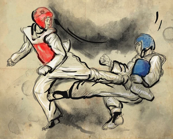 Tae-Kwon Do. An full sized hand drawn illustration on old paper. — Stock Photo, Image