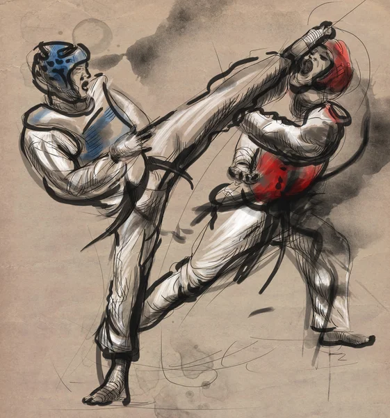 Tae-Kwon Do. An full sized hand drawn illustration on old paper.