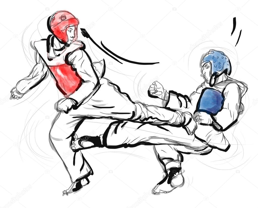 Tae-Kwon Do. An full sized hand drawn illustration on white