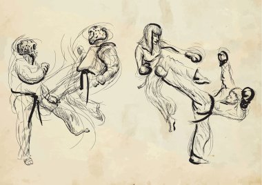 Taekwon-do. elle çizilmiş (kaligrafi ve grunge) vektör