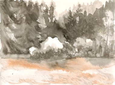 Bir el çizimi, taranmış resim - orman ve ağaçlar, manzara - suluboya tekniği