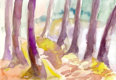 Bir el çizimi, taranmış resim - orman ve ağaçlar, manzara - suluboya tekniği