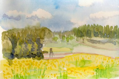 Bir el çizimi, taranmış resim - manzara - suluboya tekniği