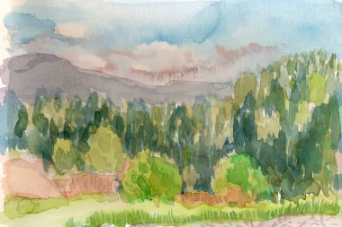 Bir el çizimi, taranmış resim - manzara - suluboya tekniği