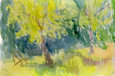 Bir el çizimi, taranmış resim - çayır ve ağaçlar - suluboya tekniği