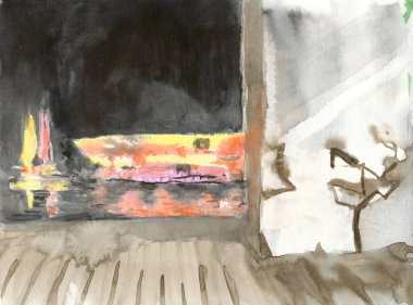 Bir el çizimi, taranmış resim - köprü altındaki port - suluboya tekniği