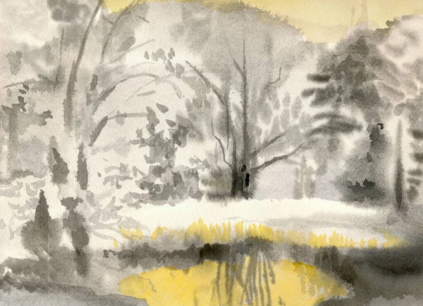 Εικονογράφηση Ζωγραφισμένη Στο Χέρι Σαρωμένη Εικόνα Δάσος Και Δέντρα Τοπίο — Φωτογραφία Αρχείου