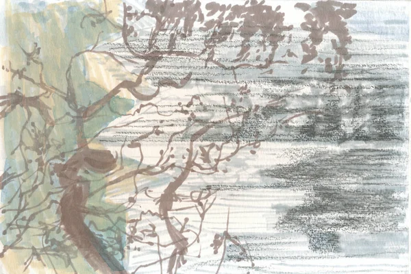 手描きのイラスト スキャン画像 いくつかの湖と木 マーカーと水彩画技術 — ストック写真