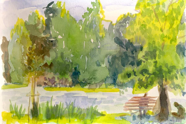 Hand Drawn Illustration Scanned Picture Park Landscape Watercolors Technique — Stock Photo, Image