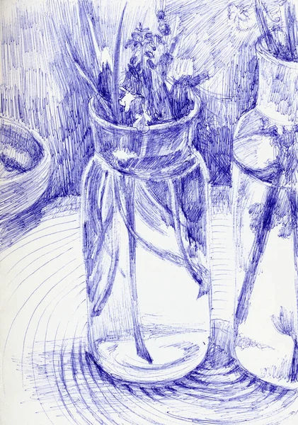 Uma Ilustração Desenhada Mão Imagem Digitalizada Vaso Técnica Caneta Azul — Fotografia de Stock