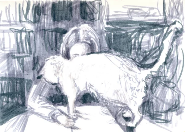 一个手绘插图 扫描图片 一个女人和一些猫艺术标记技术 — 图库照片