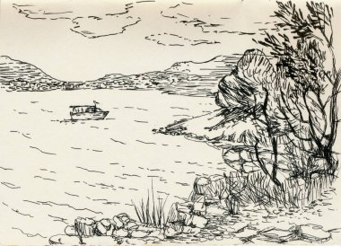 An hand drawn illustration, scanned picture, watercolor technique - an port