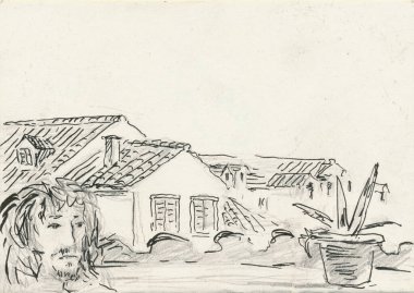 An hand drawn illustration, scanned picture, watercolor technique - village