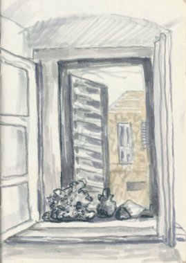 An hand drawn illustration, scanned picture, watercolor technique- an old window