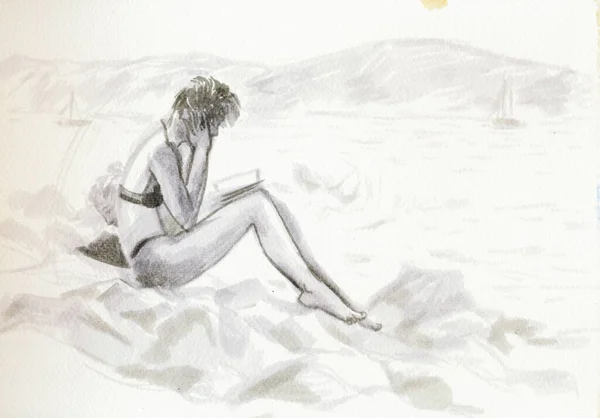 Hand Drawn Illustration Scanned Picture Watercolor Technique Relaxation Beach — Fotografia de Stock