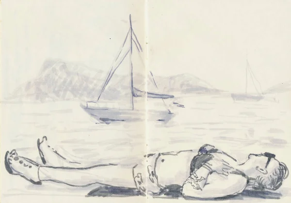 Hand Drawn Illustration Scanned Picture Watercolor Technique Relaxation Beach — Zdjęcie stockowe