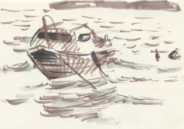 Hand Drawn Illustration Scanned Picture Watercolor Technique Boat — Foto Stock