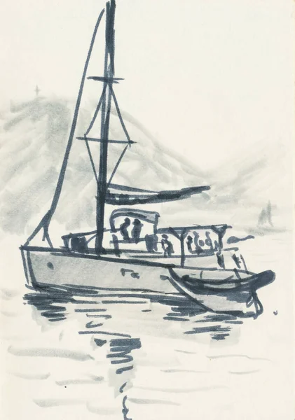 Hand Drawn Illustration Scanned Picture Watercolor Technique Boat — 스톡 사진