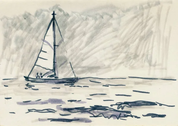 Hand Drawn Illustration Scanned Picture Watercolor Technique Boat — Zdjęcie stockowe